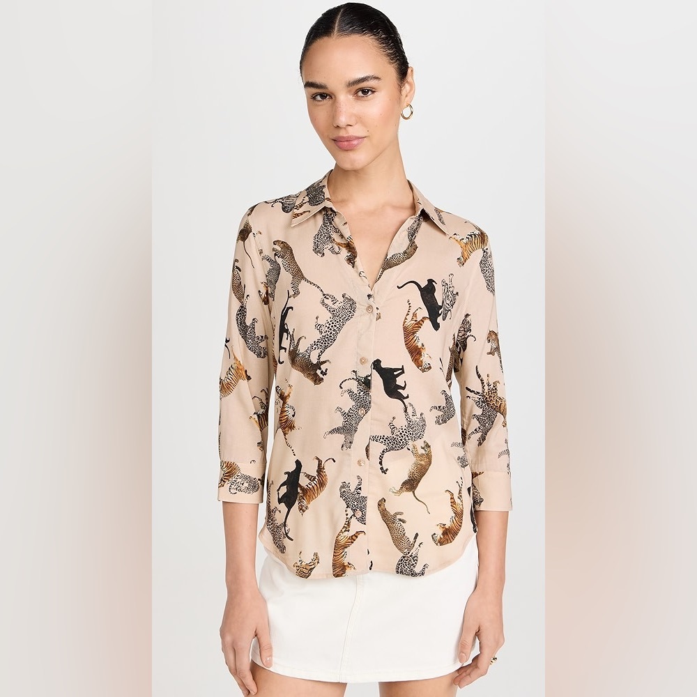 L'AGENCE Beige Animal Print Button Down Shirt size small